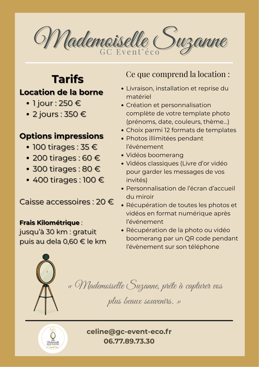 Tarifs de location de borne photo Mademoiselle Suzanne
